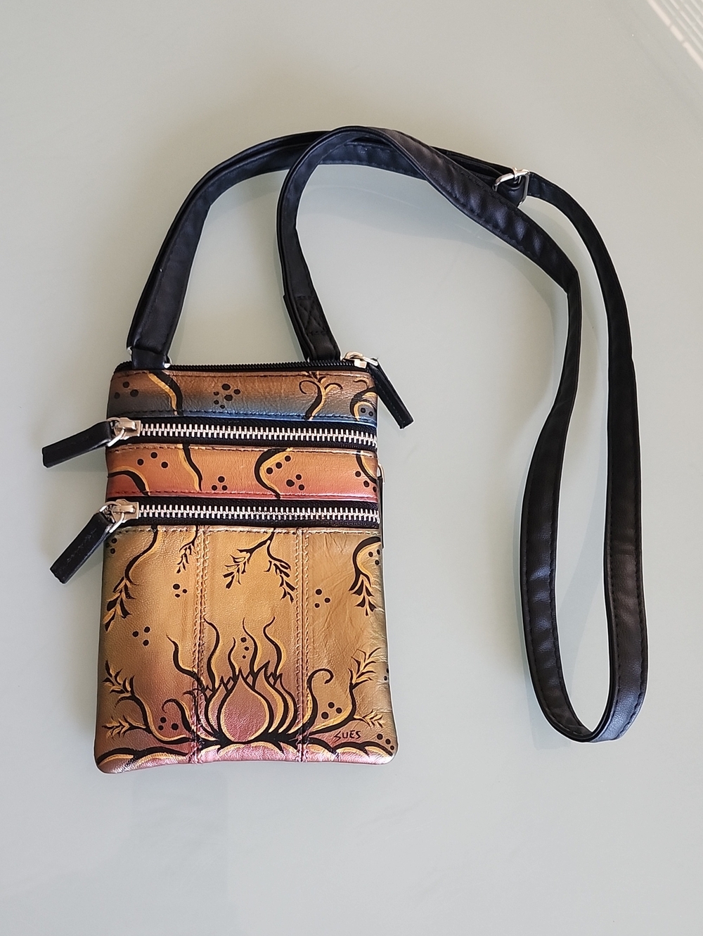 SUES Bags By Sue Sweeney Hand Painted Leather Crossbody Groovy Lotus Shimmer Bag